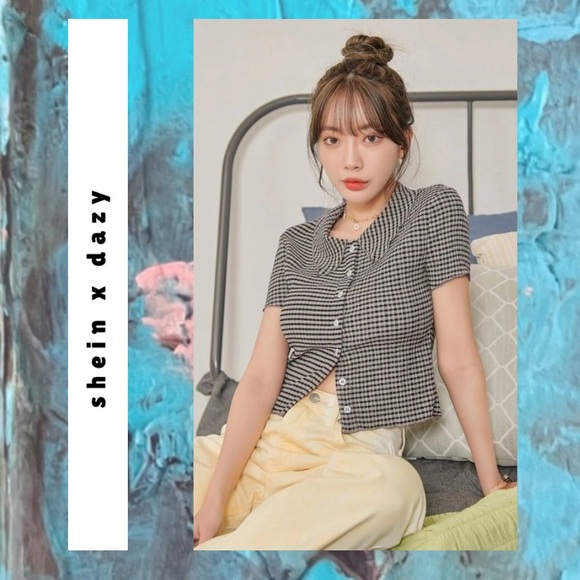 tan & black plaid gingham polo collar front button cropped top - Picture 2 of 11